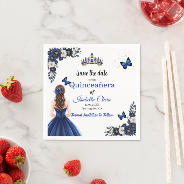 Royal Blue Butterfly Quinceañera Save the Date Napkins (Insitu)