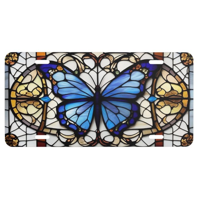 ROYAL BLUE BUTTERFLY STAINED GLASS STYLE LICENSE PLATE (Front)