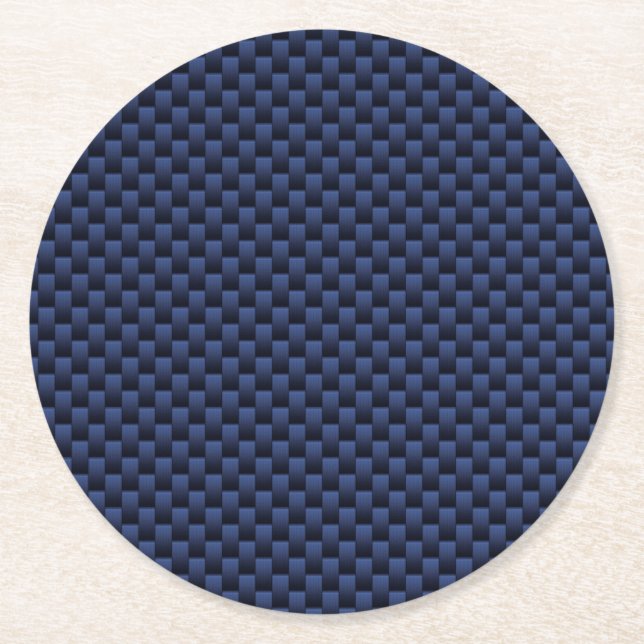 Royal Blue Carbon Fiber Style Weave Print Round Paper Coaster (Front)