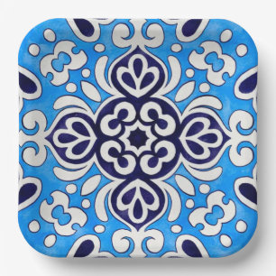 Royal Blue Ceramic Classic Geometric Mosaic Paper Plates