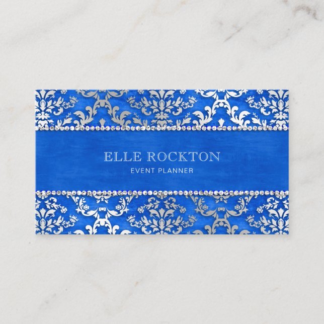 Royal Blue Cerulean Glimmer Damask Silver Business Card (Front)