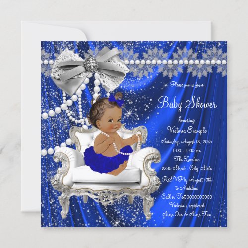 Royal Blue Chair Pearls Ethnic Girl Baby Shower Invitation