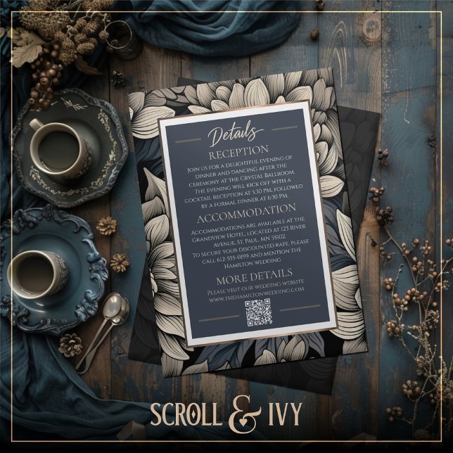 Royal Blue & Champagne Bloom Wedding Details  Invitation (Creator Uploaded)
