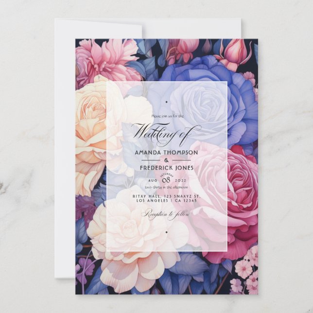 Royal Blue, Champagne, Cream Rose & Mauve Wedding Invitation (Front)