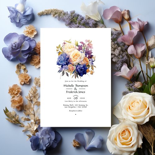 Royal Blue Champagne Cream Rose  Mauve Wedding Invitation