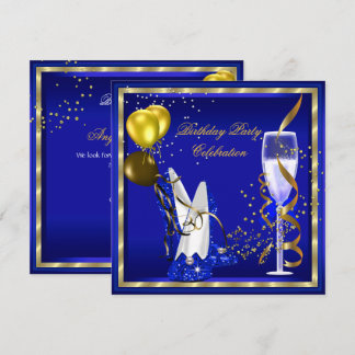 Royal Blue Champagne Gold Glitter Birthday Party Invitation