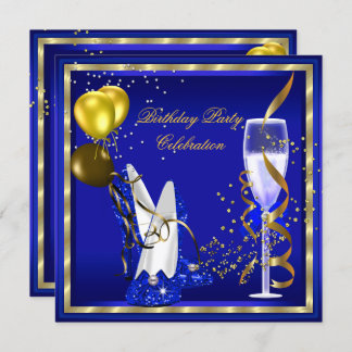 Royal Blue Champagne Gold Glitter Birthday Party Invitation
