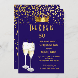 Royal blue Champagne men’s king 50 birthday Party Invitation