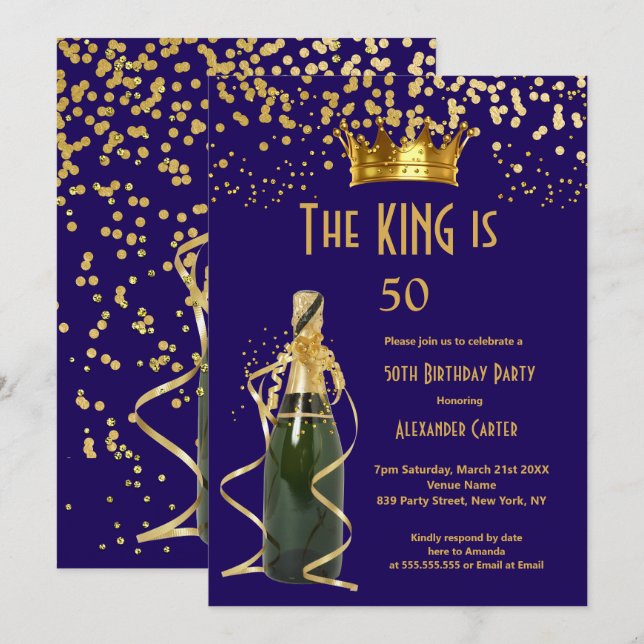 Royal blue Champagne men’s king birthday Party Invitation (Front/Back)
