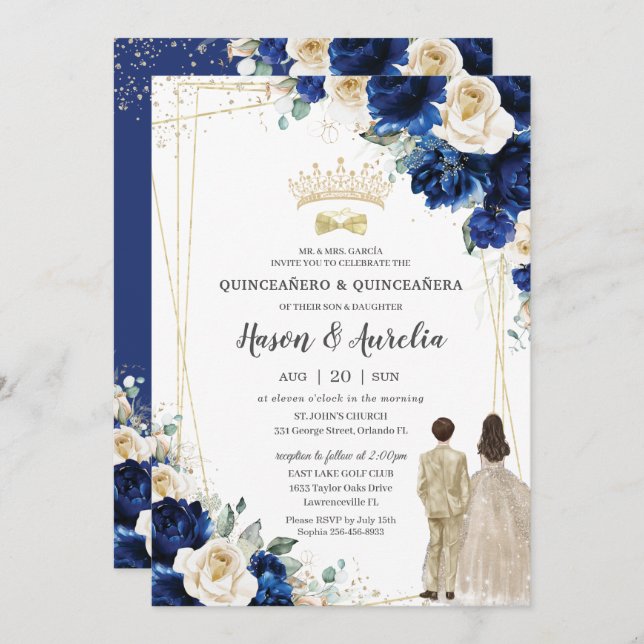 Royal Blue Champagne Twins Boy Girl Quinceañera Invitation (Front/Back)