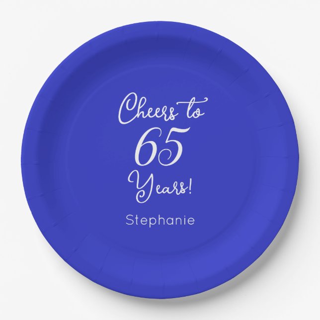 Royal Blue Cheers to 65 Years 65th Birthday Paper Plates (Front)