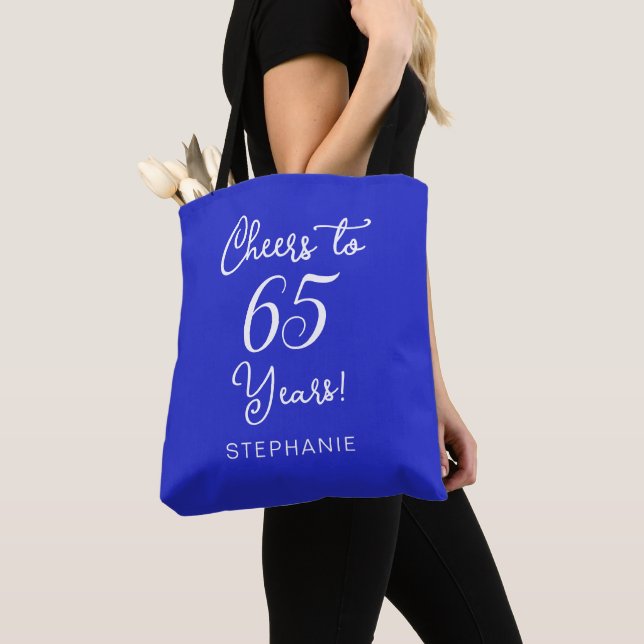 Royal Blue Cheers to 65 Years 65th Birthday Party Tote Bag (Close Up)