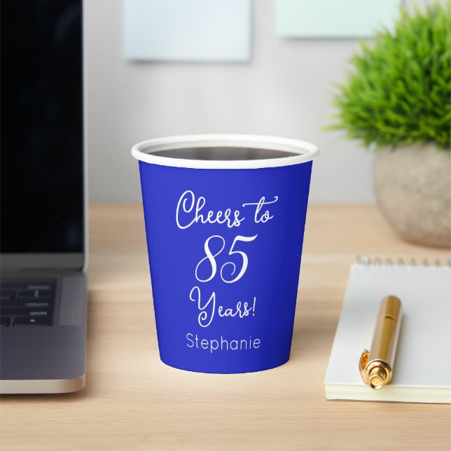 Royal Blue Cheers to 85 Years 85th Birthday Paper Cups (Insitu)