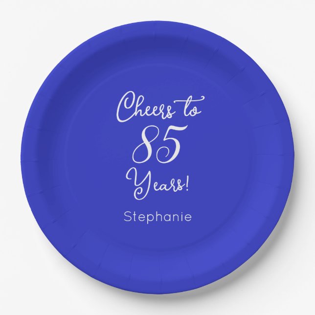 Royal Blue Cheers to 85 Years 85th Birthday Paper Plates (Front)