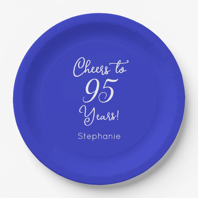 Royal Blue Cheers to 95 Years 95th Birthday Paper Plates (Front)