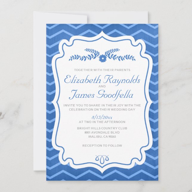 Royal Blue Chevron Stripes Wedding Invitations (Front)