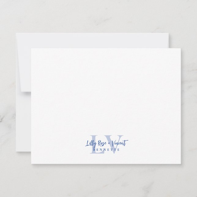 Royal Blue Classic Monogram Couple Custom Wedding Note Card (Front)