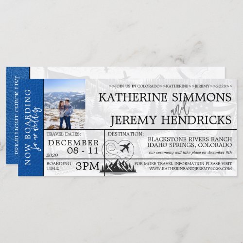 Royal Blue Colorado Wedding Boarding Pass Invite