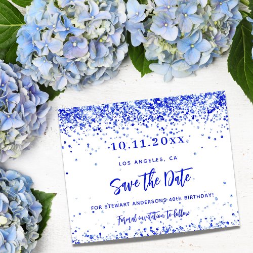 Royal blue confetti birthday budget save the date
