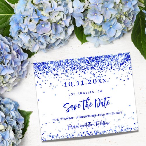 Royal blue confetti birthday budget save the date flyer