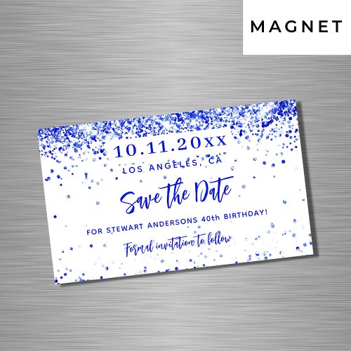 Royal blue confetti birthday save the date magnet