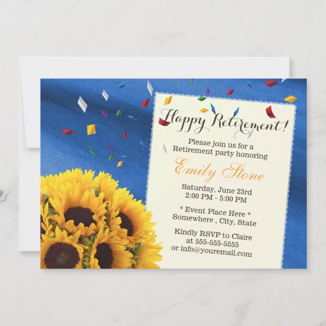 Royal Blue Confetti Sunflowers Retirement Party Invitation (Front)