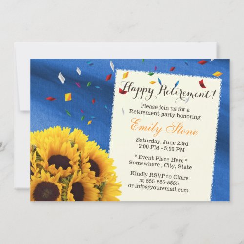 Royal Blue Confetti Sunflowers Retirement Party 5x7 Paper Invitation Card