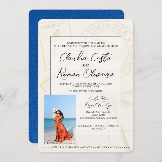 Royal Blue Costa Rica Passport Wedding Invitation (Front/Back)