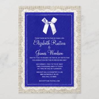 Royal Blue Country Burlap Wedding Invitations by topinvitations at Zazzle