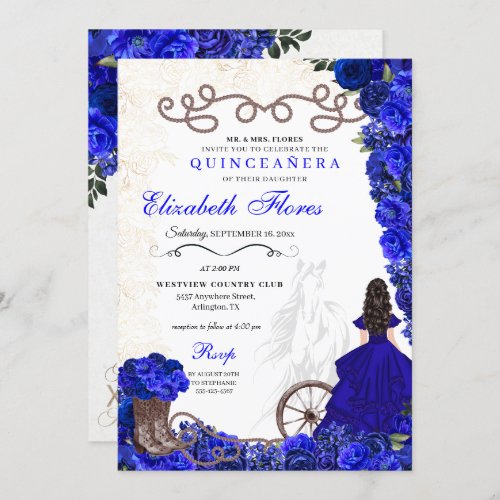 Royal Blue Cowgirl Ranchero Western Quinceanera Invitation