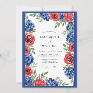 Royal Blue Crimson Elegant Floral Wedding Invitation