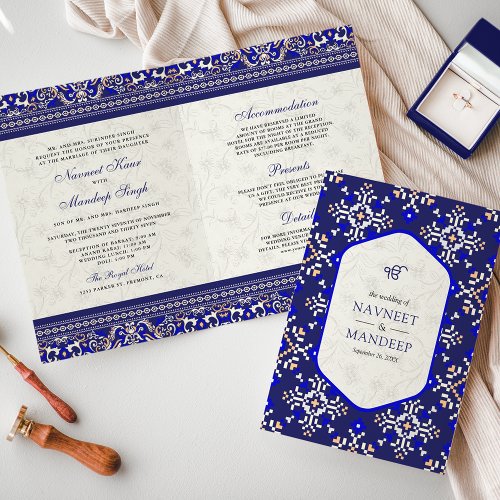 Royal Blue Cross_stitch All in One Sikh Wedding Invitation
