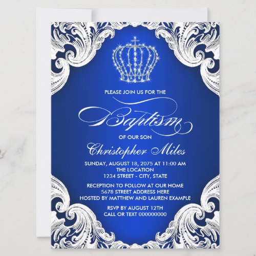 Royal Blue Crown Baptism Invitation