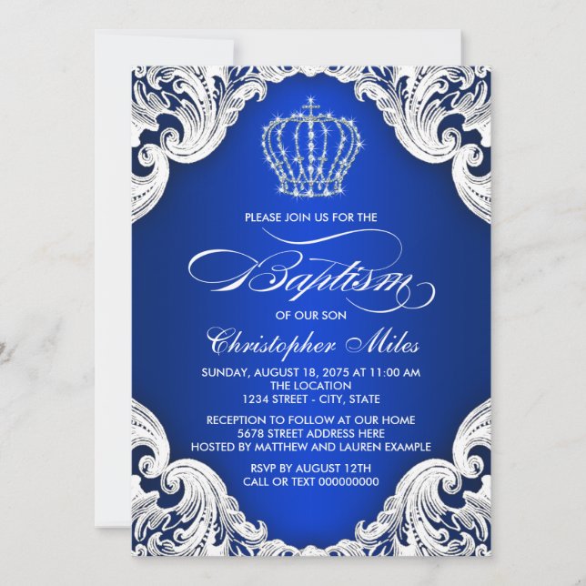 Royal Blue Crown Boy Baptism Invitation (Front)