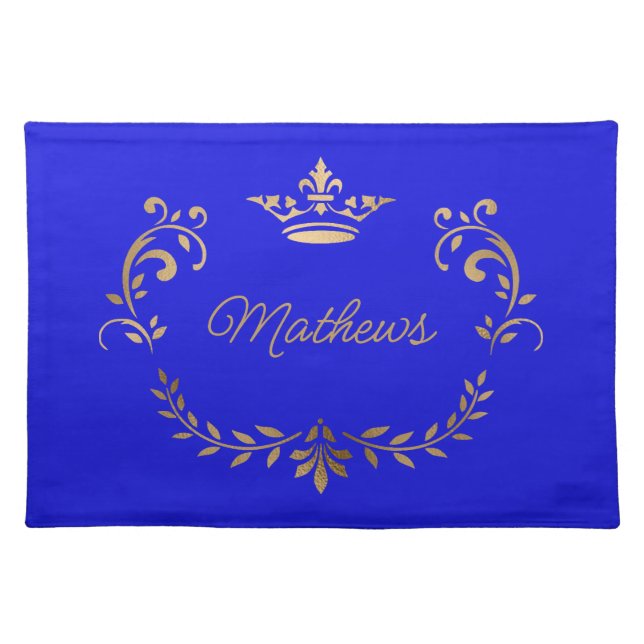 Royal Blue Crown Crest Personalized Cloth Placemat (Front)