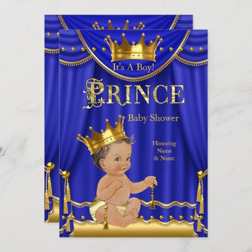 Royal Blue Crown Prince Baby Shower Gold Brunette Invitation
