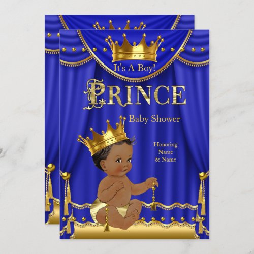 Royal Blue Crown Prince Baby Shower Gold Ethnic Invitation