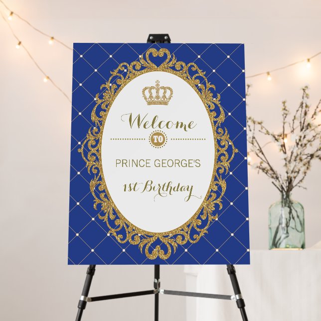 Royal Blue Crown Prince Birthday Party Welcome Foam Board (In Situ (Stand))
