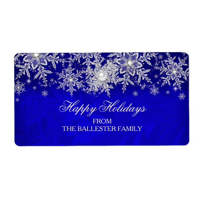 Royal Blue Crystal Pearl Snowflake Happy Holidays Label (Front)