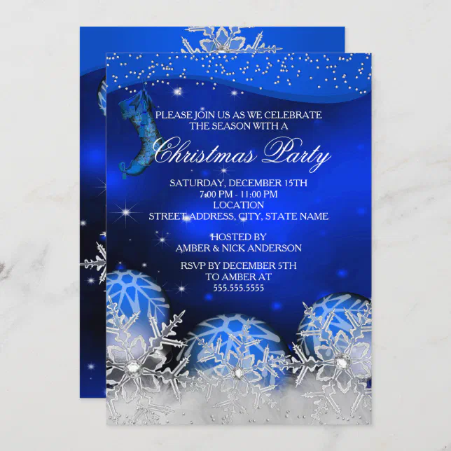 Royal Blue Crystal Snowflake Christmas Party Invitation | Zazzle