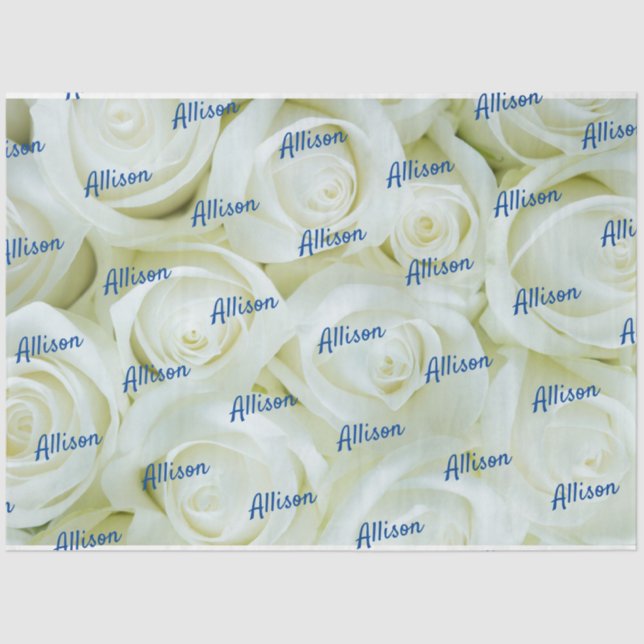 Royal Blue Customized Text on White Roses Floral Tissue Paper (Front)