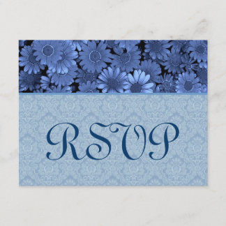 Royal Blue Daisy Damask Wedding RSVP Card
