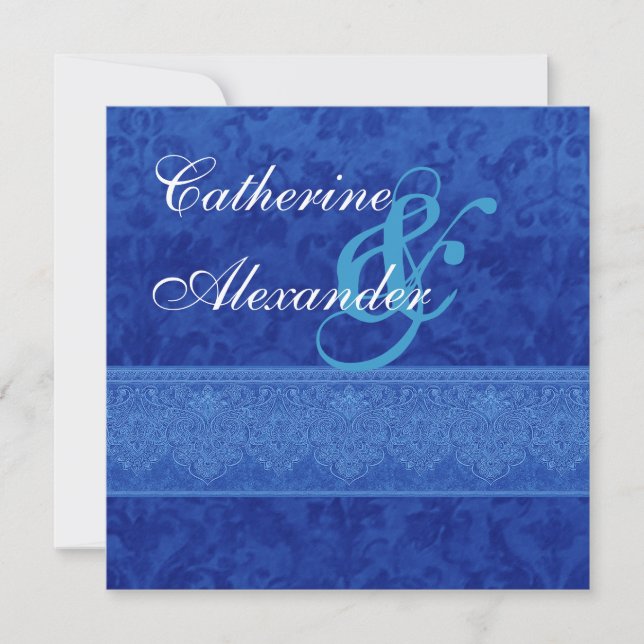 Royal Blue Damask and Lace Wedding Invitation (Front)