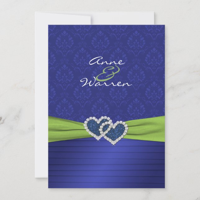 Royal Blue Damask and Pleats Chartreuse Invitation (Front)