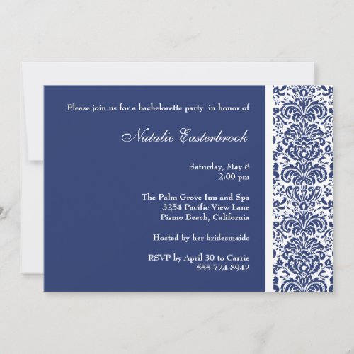 Royal Blue Damask Bachelorette Party Invitation