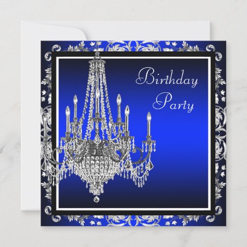 Royal Blue Damask Chandelier Birthday Party Invitation