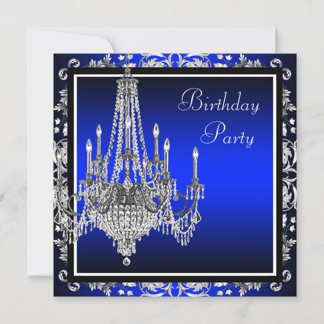 Royal Blue Damask Chandelier Birthday Party Invitation (Front)