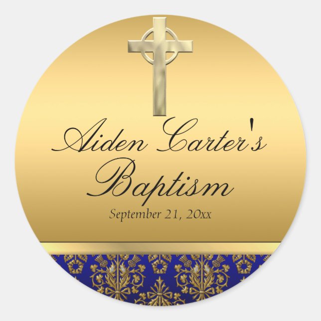 Royal Blue Damask & Cross Baptism Sticker (Front)