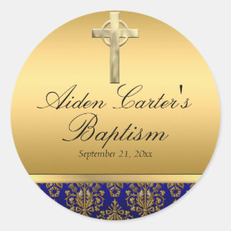 Royal Blue Damask & Cross Baptism Sticker