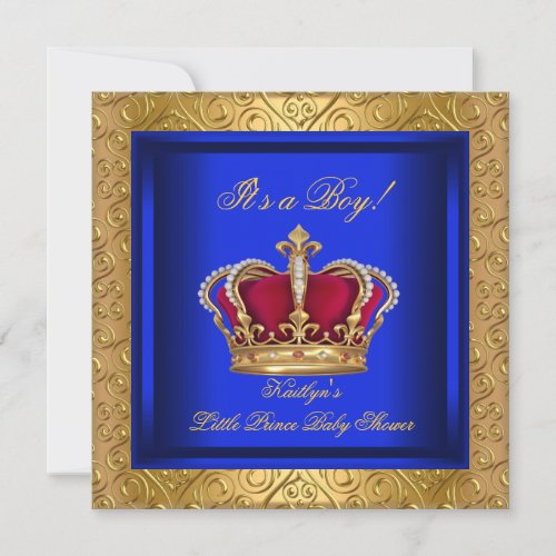 Royal Blue Damask Gold Baby Shower Boy Invitation